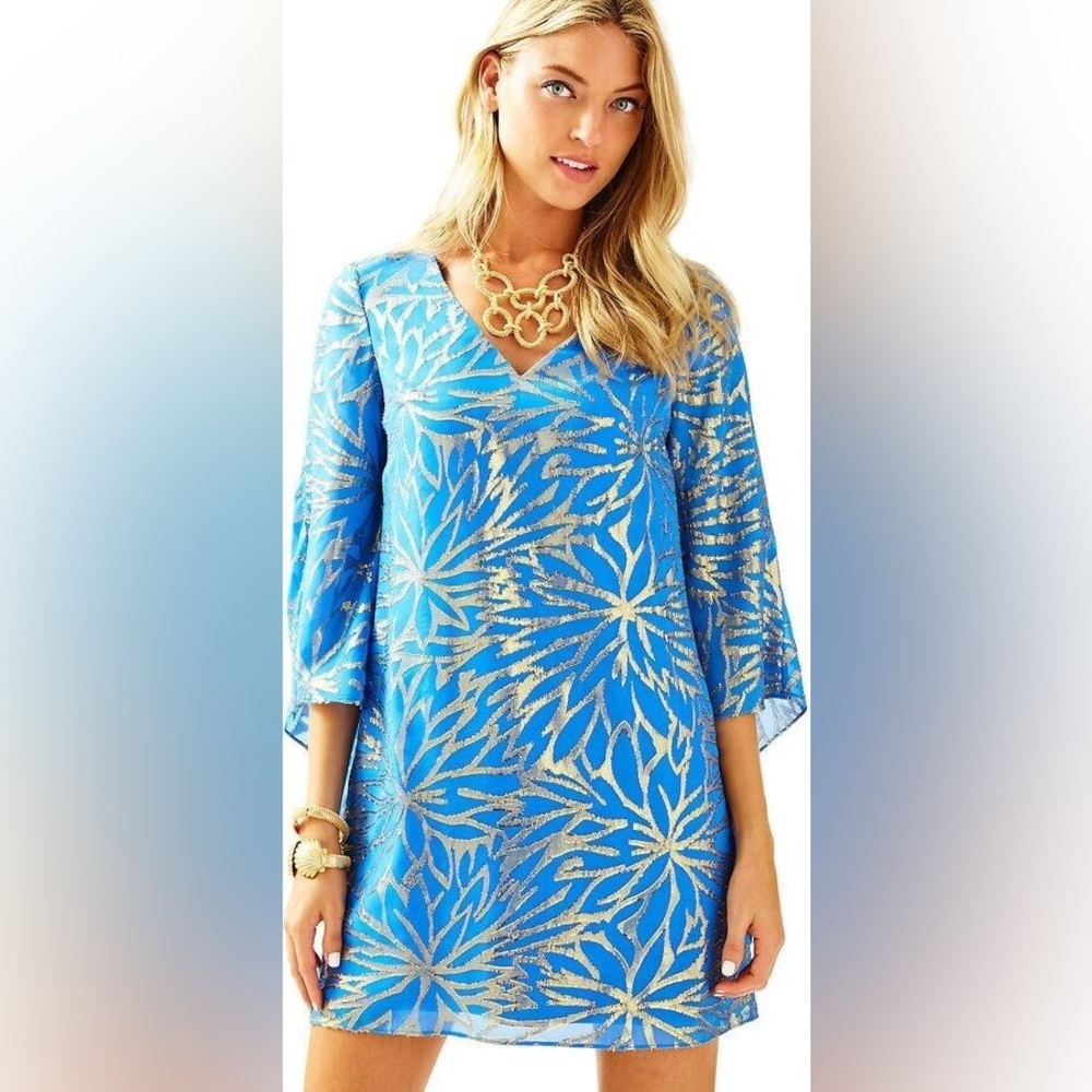 Lilly Pulitzer Miri Silk Dress Blue and Gold Long-sleeve Size 00